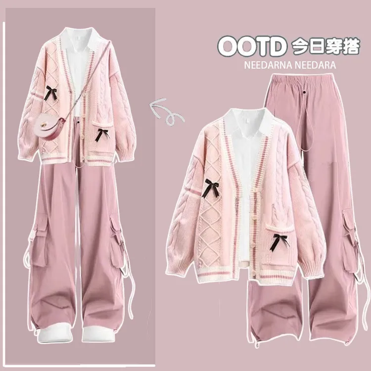 哥弟阿玛施正品2024冬季套装女学生韩版宽松学院风蝴蝶结毛衣+衬