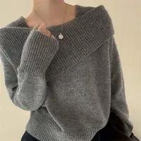 3438【设计感小众一字领大翻领毛衣】秋冬新款女士韩版落肩时尚上衣