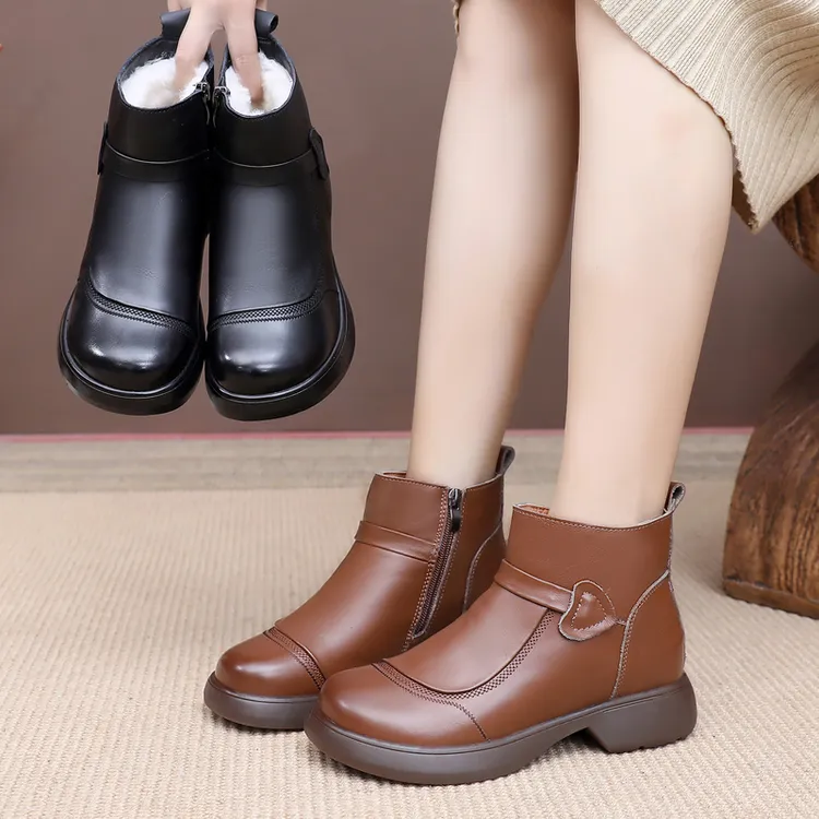头层牛皮羊毛女短靴软面软底加厚保暖中年妈妈鞋棉鞋舒适防滑女鞋