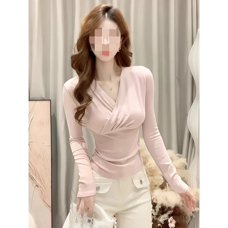 大码女装纯欲辣妹交叉V领长袖T恤秋冬新款修身内搭加厚打底衫上衣
