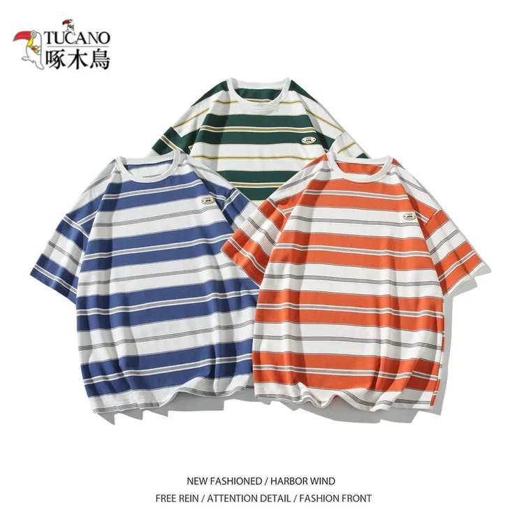 啄木鸟2025重磅260克夏新款白底日系平铺大码短袖T恤条纹T恤男