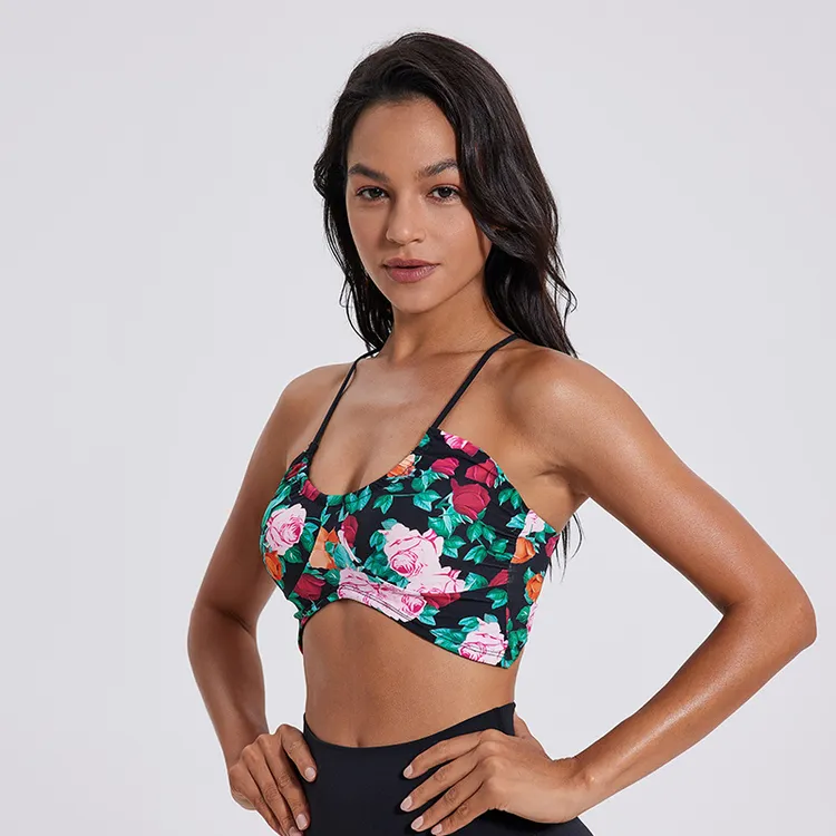 运动内衣一体式细肩带瑜伽背心女修身时尚印花性感豹纹健身美背