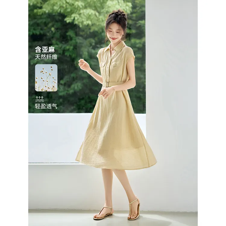 轻薄透气裙子2025夏季新款含麻无袖系带收腰显瘦连衣裙女