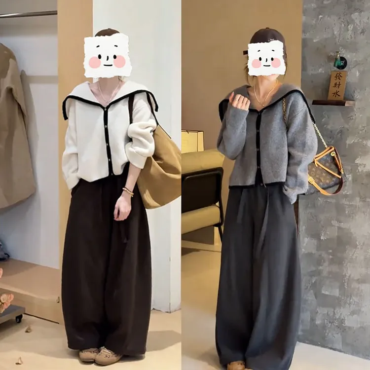 韩系百搭早秋小个子穿搭拼色针织上衣搭配阔腿裤显瘦气质两件套