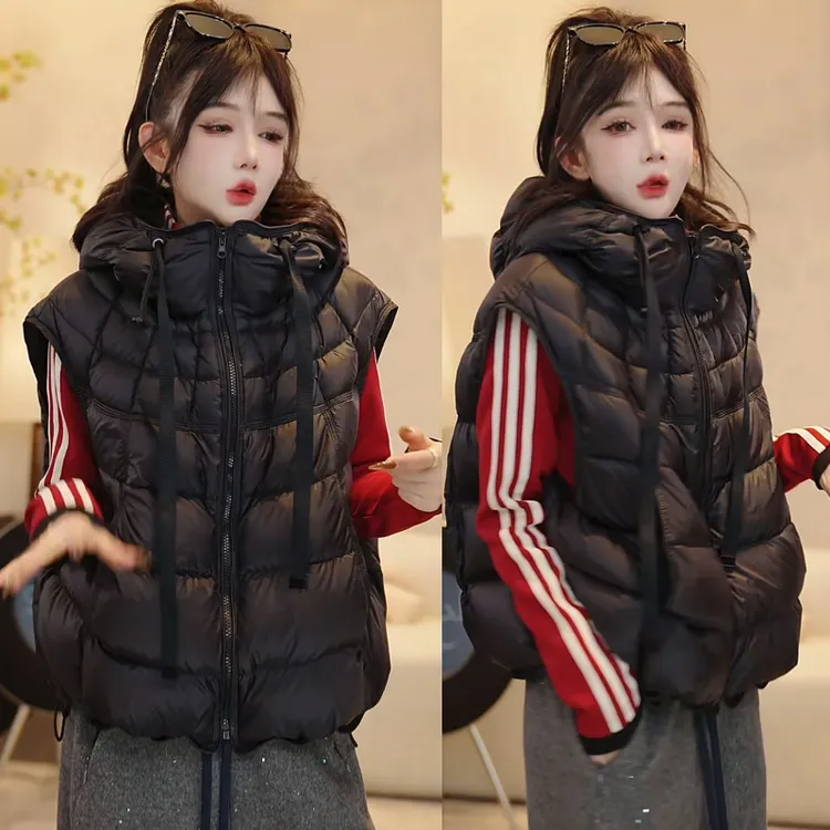 休闲百搭宽松连帽棉服马甲女2025秋冬季新款时尚纯色拉链马夹外套