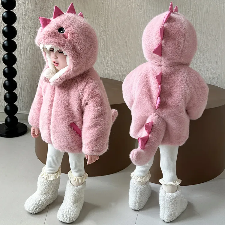 超可爱毛茸茸小恐龙外套女童秋冬软糯毛毛衣宝宝仿貂毛上衣外套