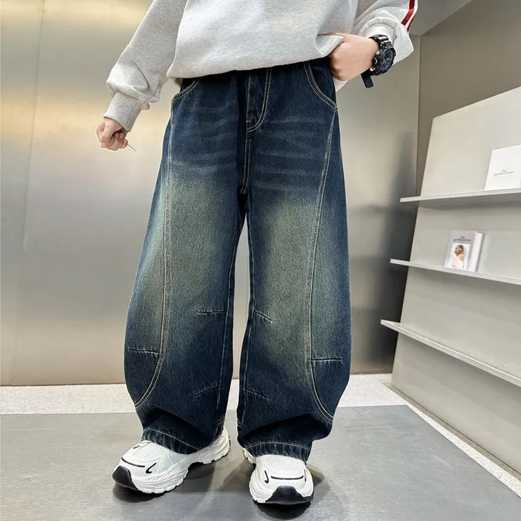 男童春秋款牛仔裤2025新款时尚拼接牛仔裤弯刀裤男孩休闲长裤潮