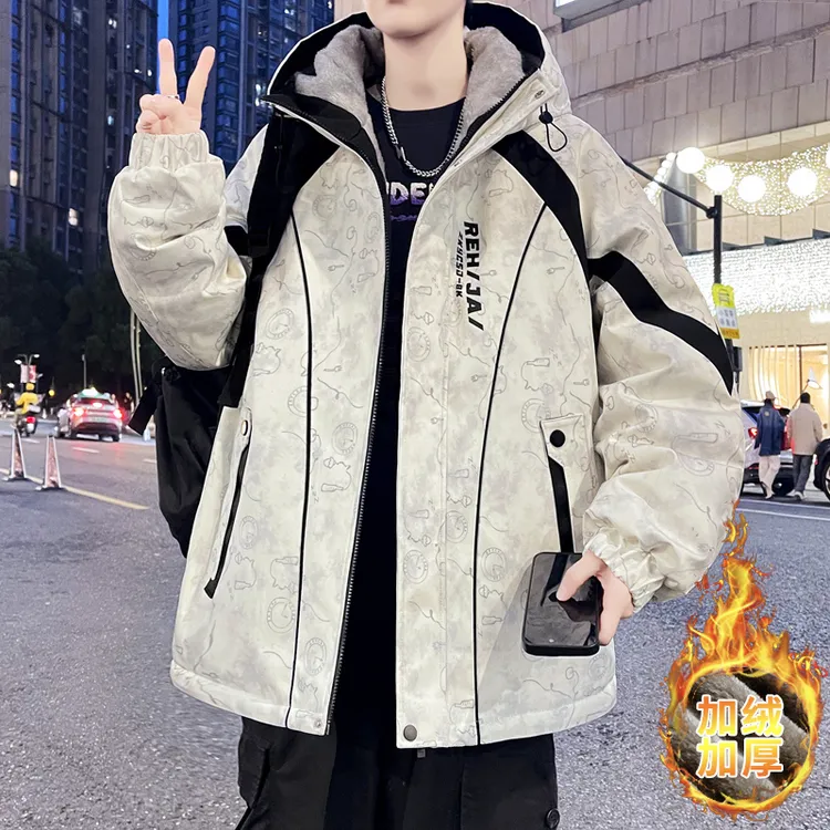 青少年加绒加厚男士冬季连帽夹克学院风潮流百搭学生保暖防寒外套