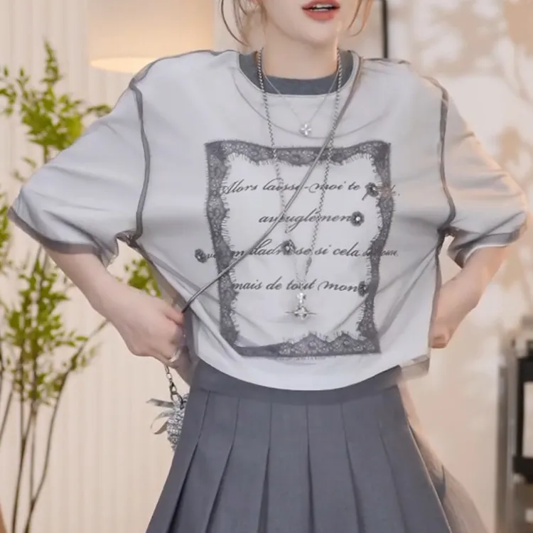 『变奏曲』20新款夏季网纱时尚百搭宽松显瘦假两件短袖T恤LK2503077