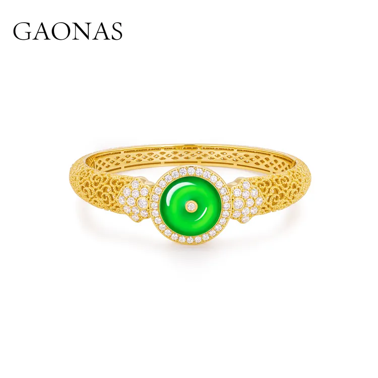 GAONAS 铜合金合成锆石手镯 四方和美 中式金色平安手镯11576SGO