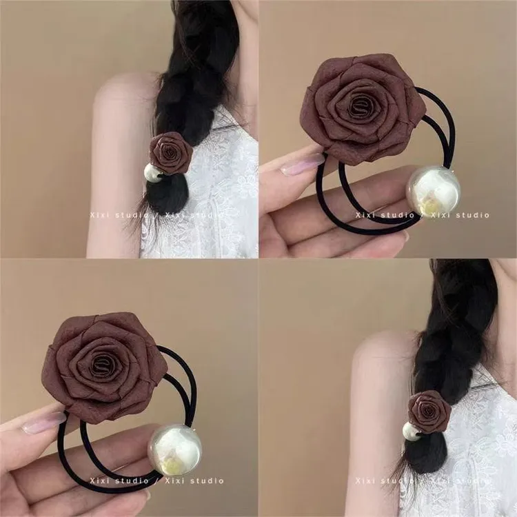简约珍珠头绳发圈女扎丸子头玫瑰花橡皮筋高弹力耐用头饰马尾发绳