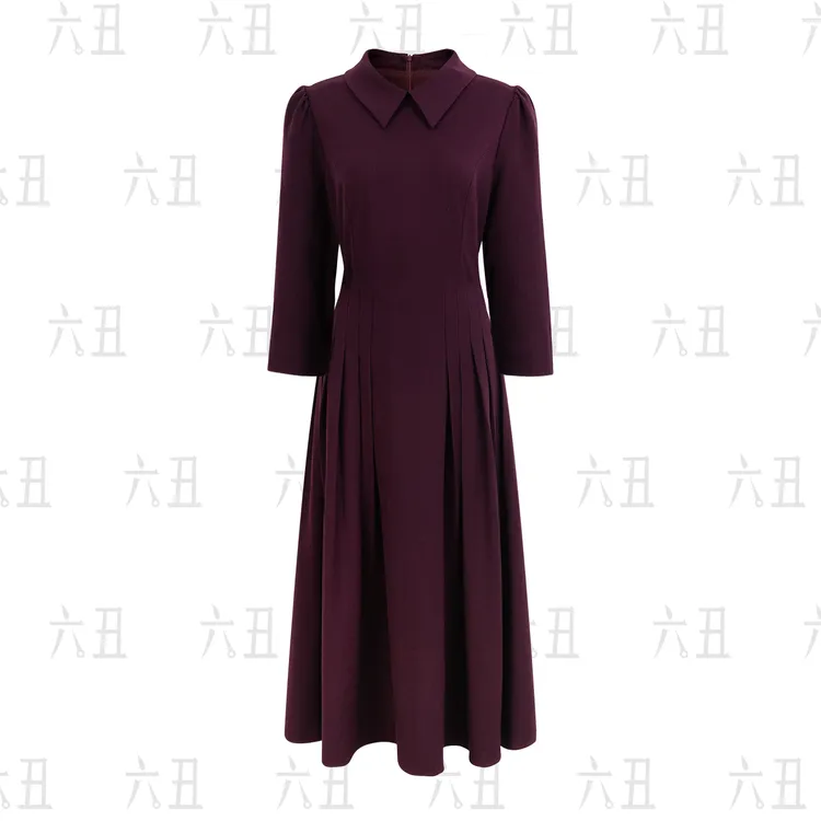 【六丑】新款法式气质收腰显瘦腰带紫酒红小尖领连衣裙410LYQ0610