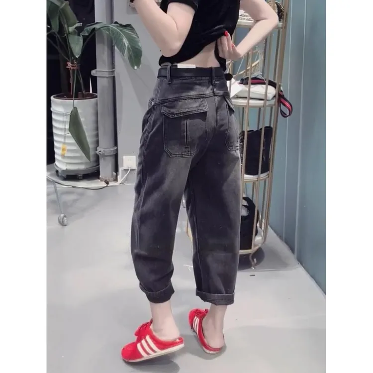 大码覆古百搭无弹宽松遮胯直筒老爹裤秋季新款高腰显瘦九分哈伦裤