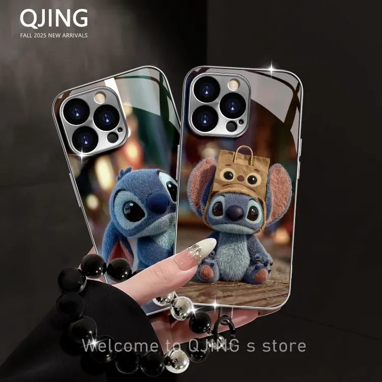 适用于苹果16/华为/vivo/oppo/小米电镀玻璃可爱史迪仔手机壳卡通