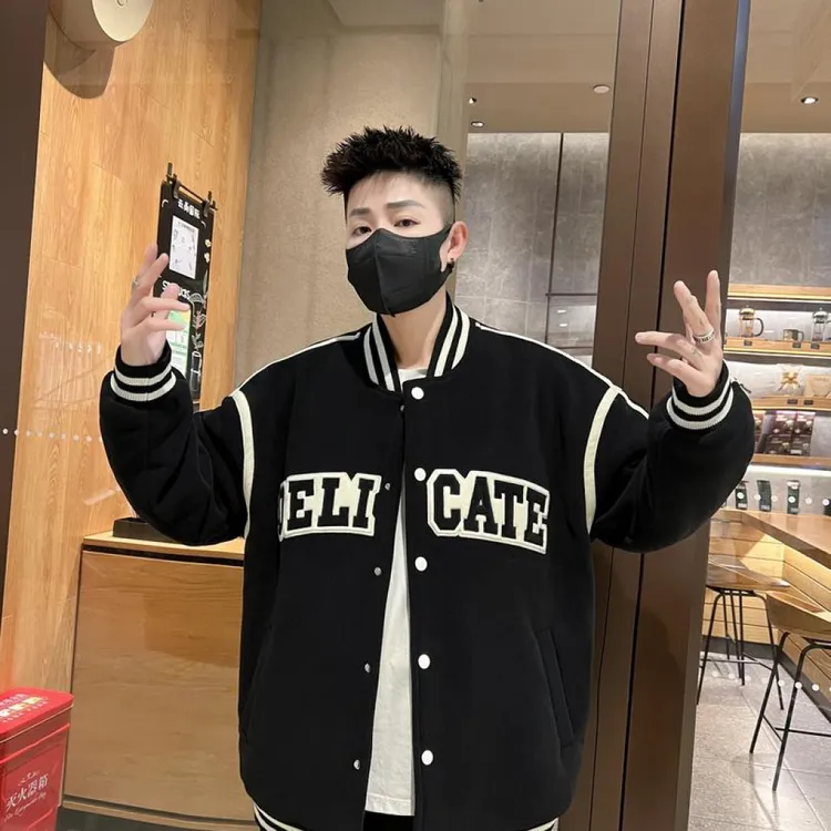 新款针织棉棒球服加绒奥粒绒外套冬季外套男款秋冬季男生休闲美式