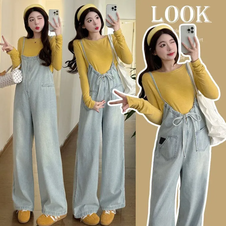 2025春季新款孕妇休闲外穿宽松牛仔背带裤+上衣孕妇背带裤套装潮