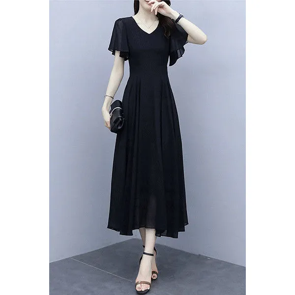 纯色雪纺连衣裙长款夏季2025新款大码气质收腰显瘦大摆沙滩长裙子