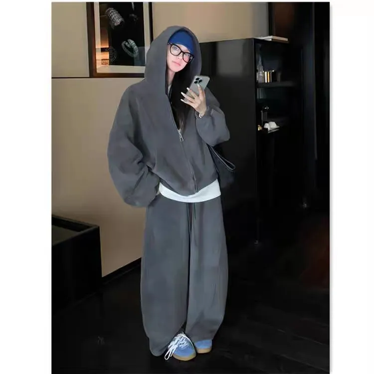 秋冬双面奥利绒宽松连帽休闲卫衣慵懒风外套套装女松紧腰阔腿裤女