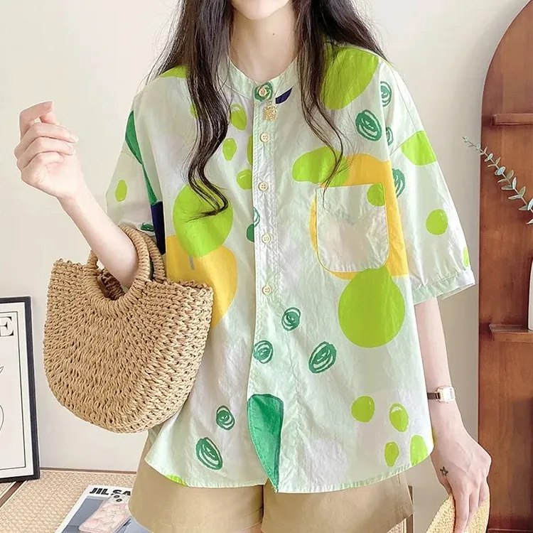 衬衫上衣女夏款2025新款原宿风宽松圆领设计感彩点涂鸦棉质质中J