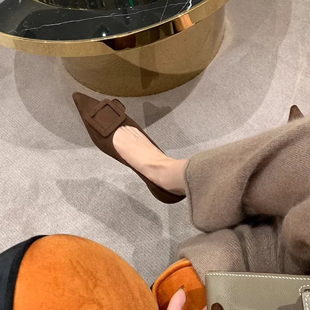 游今希~法式方扣新款软底玛丽珍单鞋女绝美小跟鞋平底尖头鞋瓢鞋