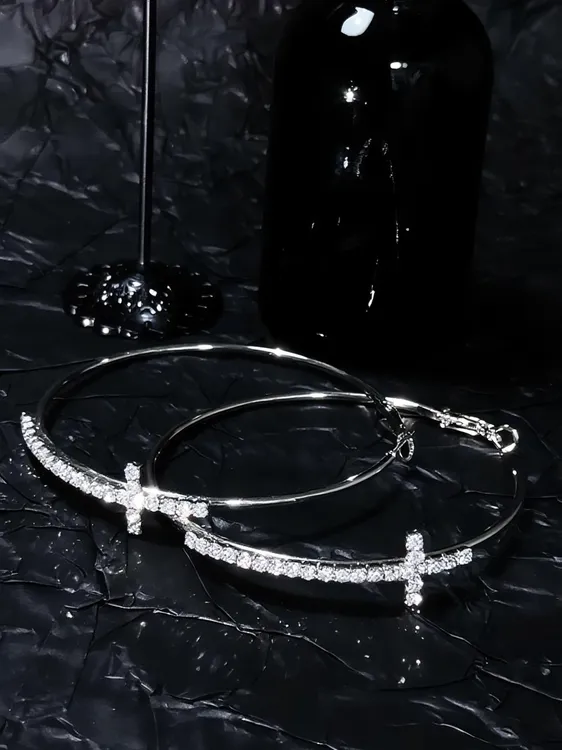 合金耳饰 十字架镶钻银色圆形耳圈欧美个性简约素圈耳环轻奢百搭