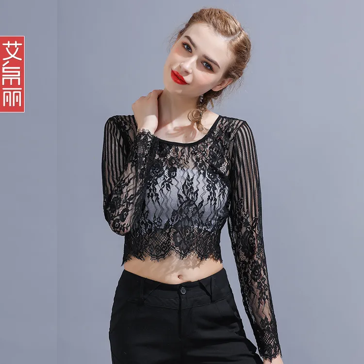 半截黑色网纱打底衫低圆领女长袖内搭半身蕾丝衫短款t恤薄款上衣