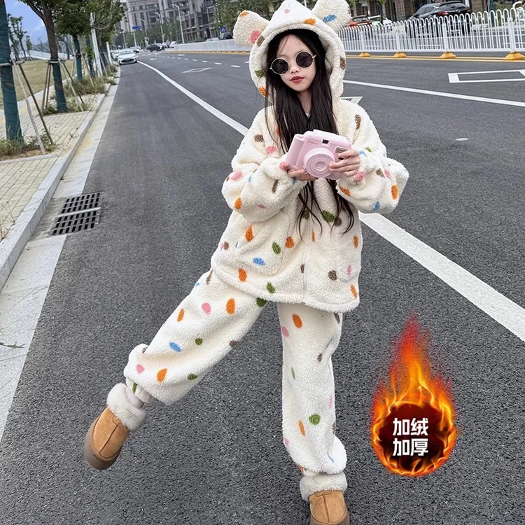 女童连帽法兰绒可外穿睡衣套装2025秋冬新款儿童珊瑚绒家居服女孩