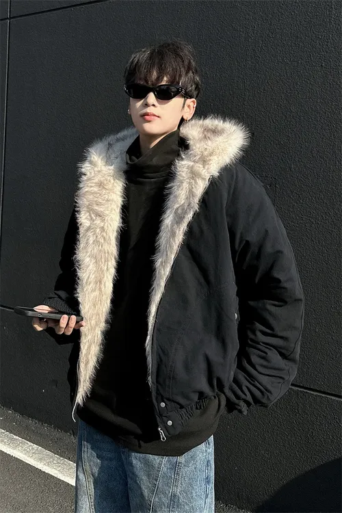 美式cleanfit座山雕毛领情侣棉服冬季美式痞帅棉服连帽短款外套男