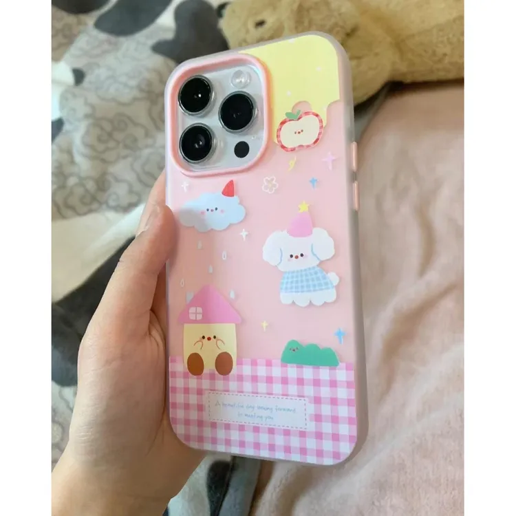 粉格雨滴小狗适用苹果16PRO磨砂iPhone15果冻14卡通13二合一12/11