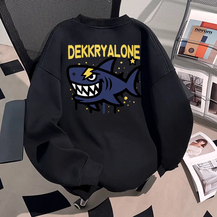 秋冬美式痞帅百搭无帽新款鲨鱼印花卫衣男女宽松情侣长袖青少年潮