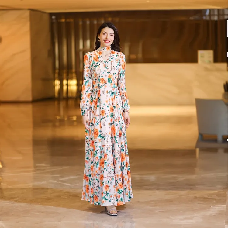 夏季收腰中国风印花复古连衣裙长裙气质女士修身礼服时尚长袖98