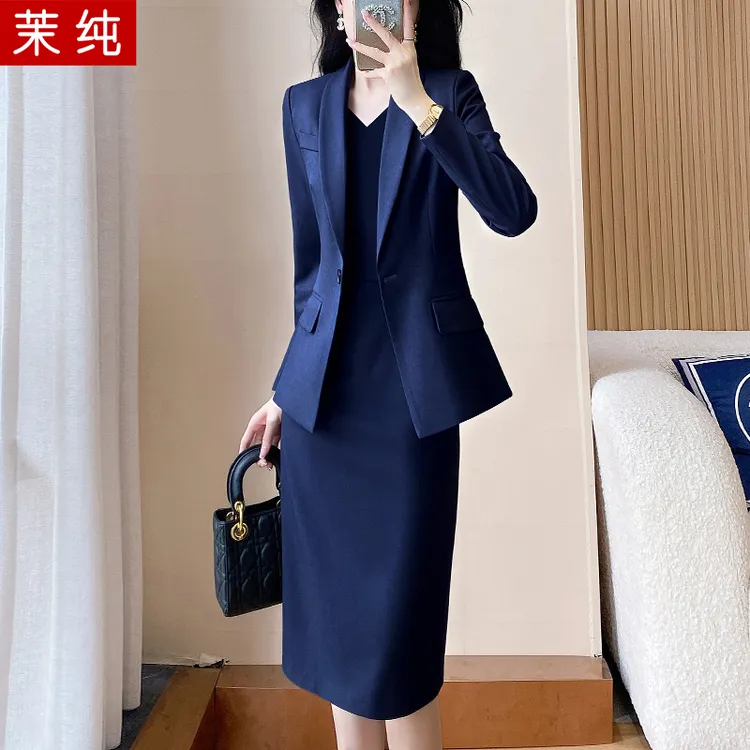 时尚洋气女藏青色青果领西装裙子高级感裙装正式场合工作服洋气裙