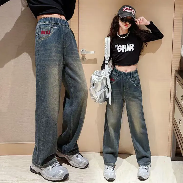 女牛仔裤中大童春季阔腿裤显瘦韩版拖地百搭牛仔裤洋气休闲时尚秋