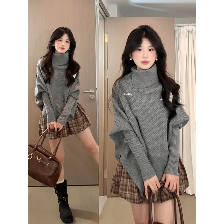 parkyeon灰色高领不规则长袖针织衫女高腰显瘦格纹花苞半身裙套装