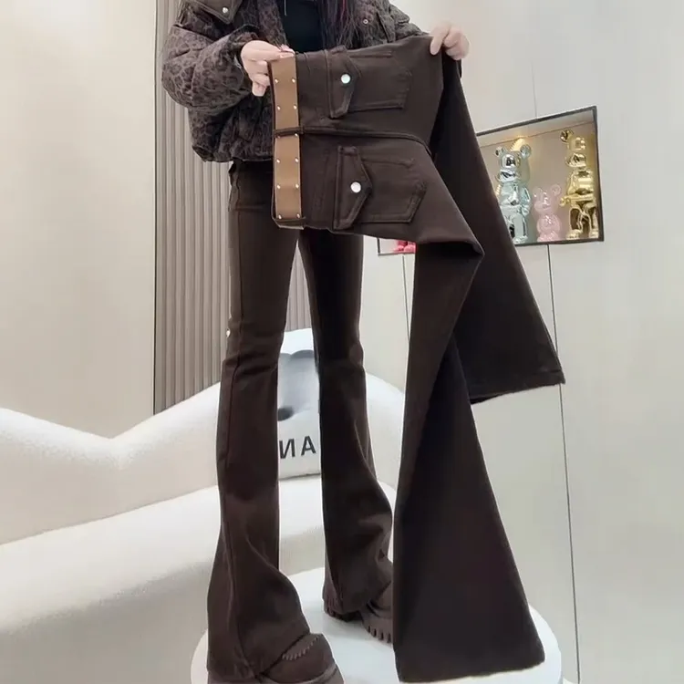 2025秋冬新款高腰显瘦复古微喇牛仔裤大码女装弹力修身加绒马蹄裤