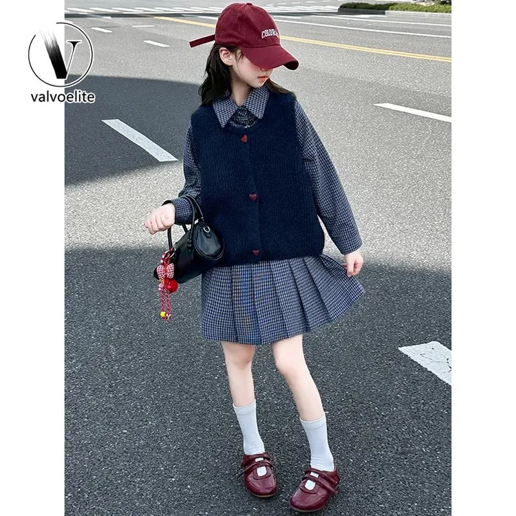 VALVOELITE女童秋季格子连衣裙长袖洋气2025新款中大童学院风裙子