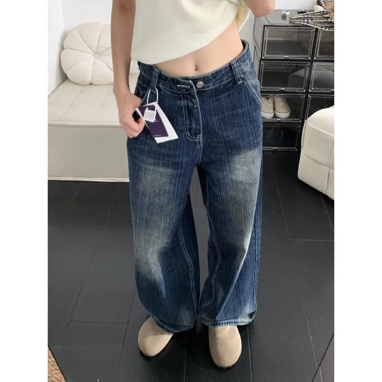 美式复古水洗纹理阔腿牛仔裤女2025秋季新款高腰显瘦磨白直筒裤子