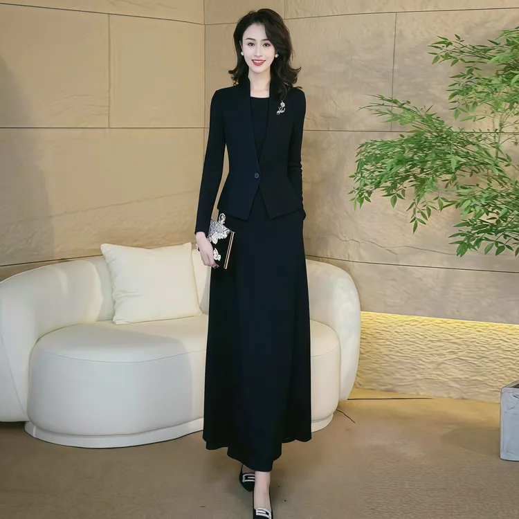 高端气质正式场合冬季加厚连衣裙2025新款收腰显瘦假两件长裙3062