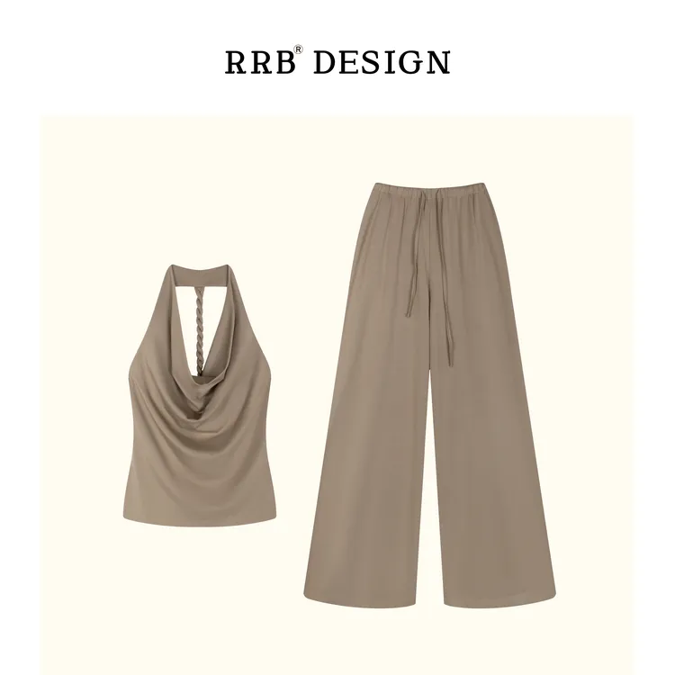 RRB Design「映夏随行」修身露背扭结背心+松紧腰垂感直筒裤两件套