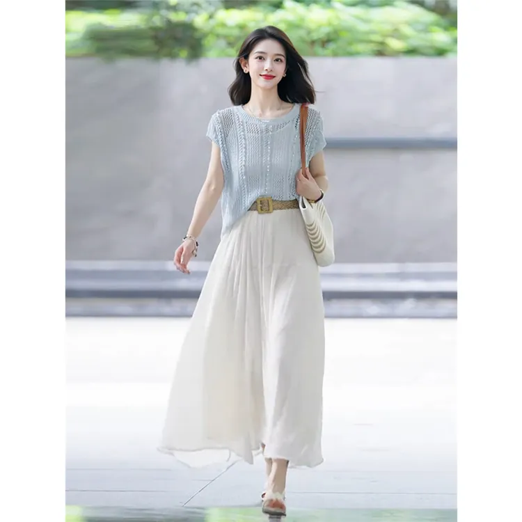 夏装新款一整套大方得体女神范通勤风蓝色针织衫半身裙两件套装女