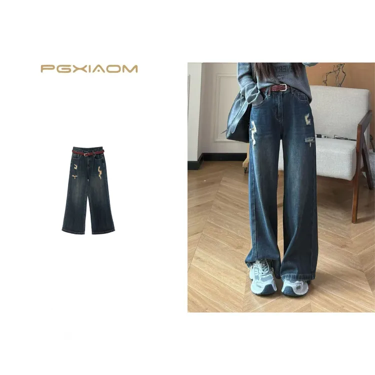 【PGXIAOM】润秀定制蓝色小破洞牛仔阔腿裤KZ10238
