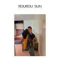 27868早秋款女装拼接宽松连帽撞色复古风设计感百搭棉服外套