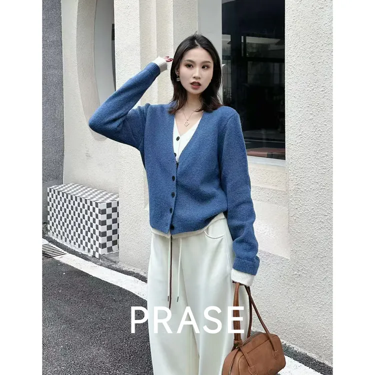 PRASE·噜【冬日画板】绵羊毛气质宽松假两件撞色毛织开衫女PR509E07
