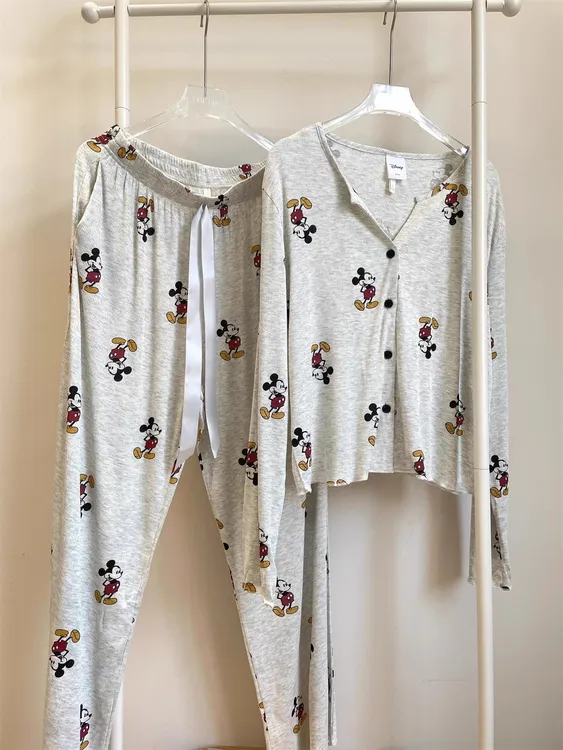 韩版可爱卡通米奇印花睡衣女春秋季高级感大码长裤家居服套装外穿