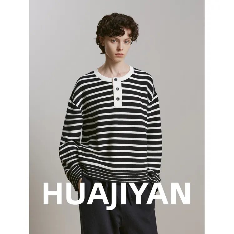 华吉言/HUAJIYAN【迷宫】绵羊毛混纺经典条纹半开领针织长袖上衣