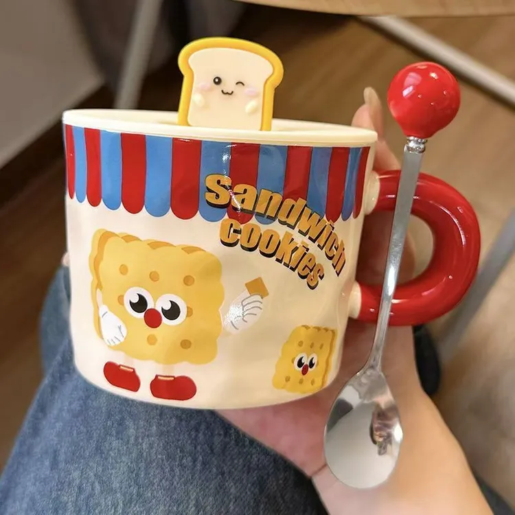 可爱吐司陶瓷马克杯带盖高颜值情侣咖啡牛奶杯儿童早餐杯生日礼物