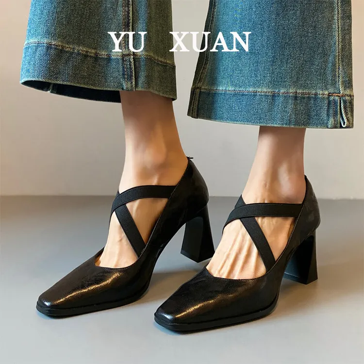 法式复古方头粗跟单鞋女2025春秋新款交叉带玛丽珍鞋高跟轻奢鞋子