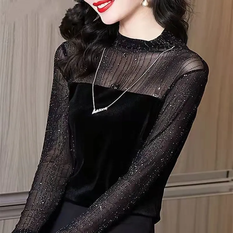 灿灿拼接蕾丝上衣女秋冬新款亮丝气质修身显瘦小立领打底衫