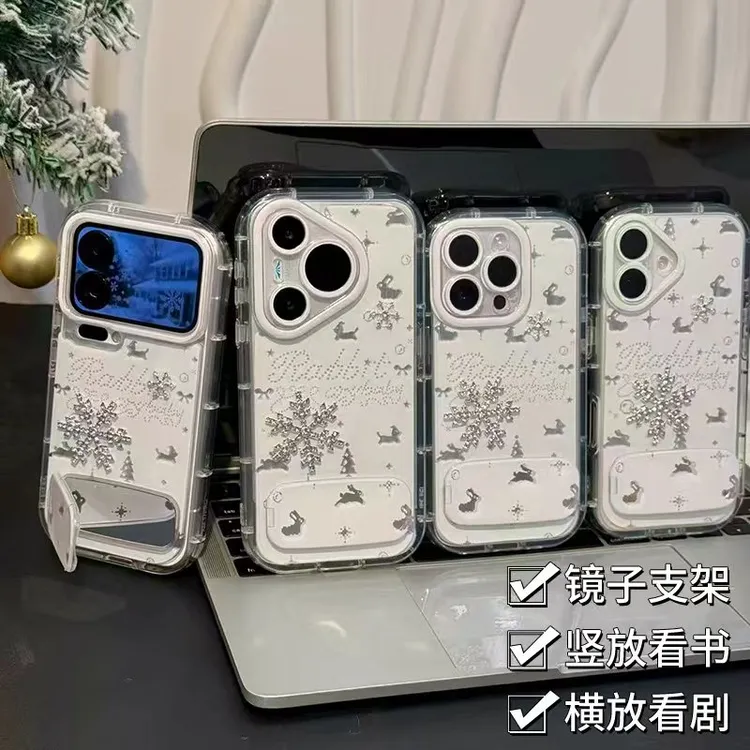 奥菲顿圣诞兔子闪钻雪花适用苹果16羽纱手机壳小米17vivo华为oppo