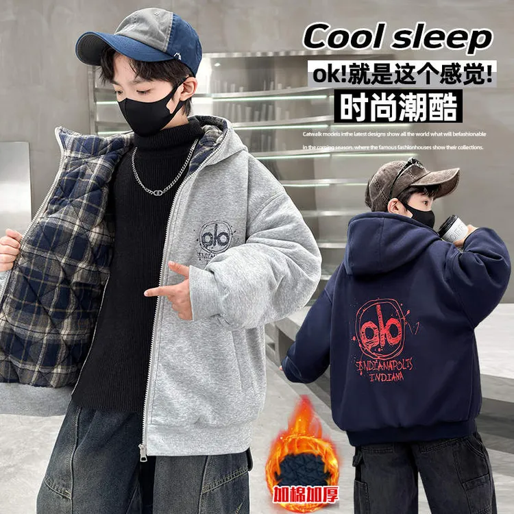 男童冬款连帽外套2025新款中大童男孩冬季运动棒球服加棉保暖上衣